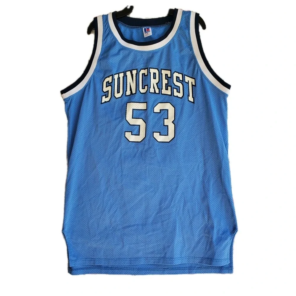 Vtg 90s‎ Russell Athletic Suncrest 53 Basketball Jersey Blue Mesh Made in USA 44